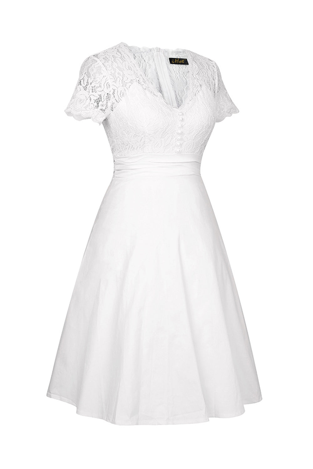 Robe blanche à col en V massif des années 50 avec dentelle
