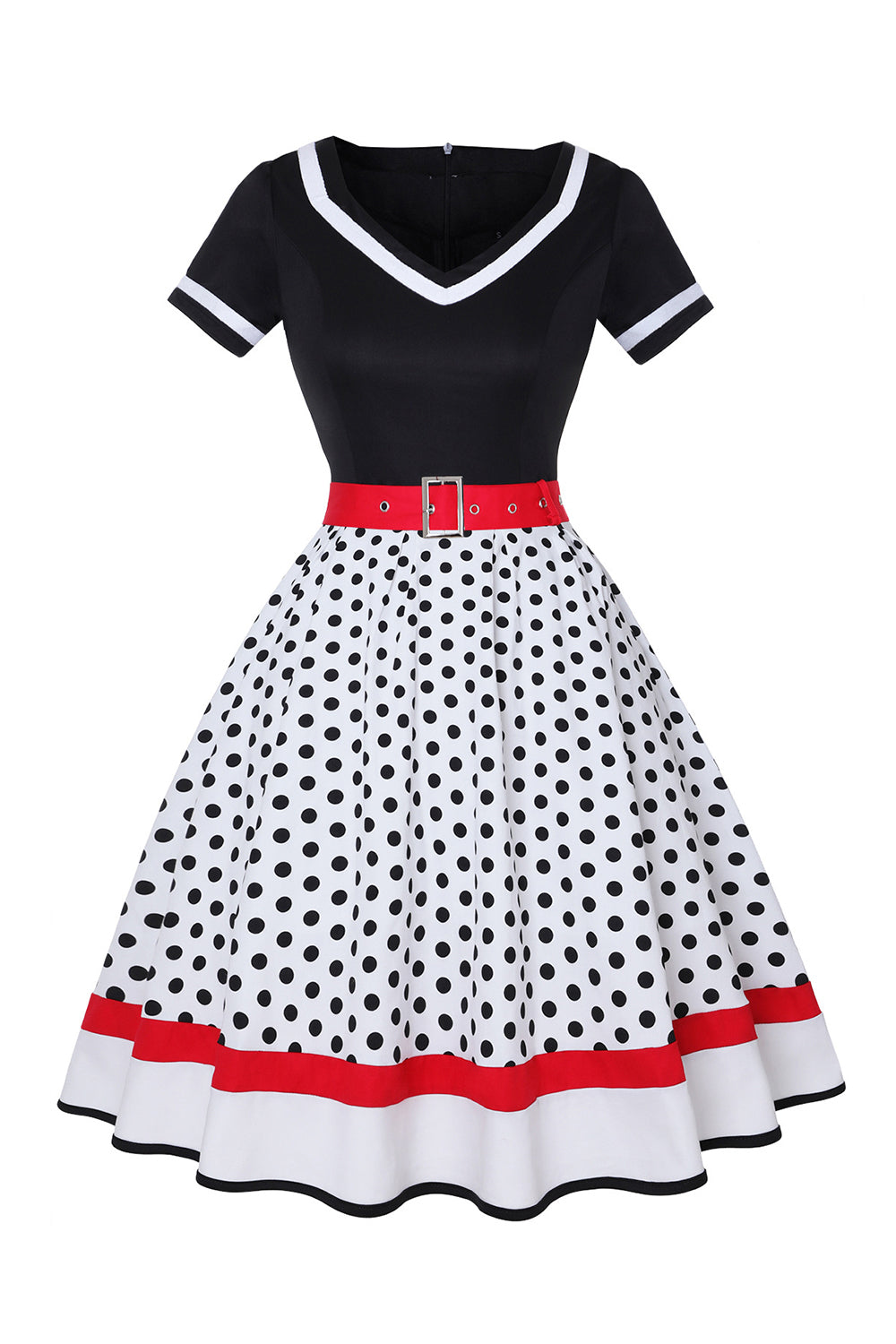 Robe noire à col V à pois des années 50