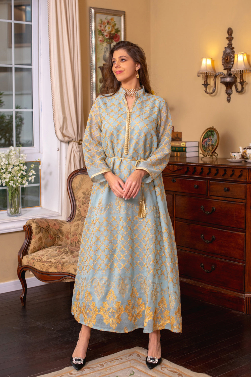 Robe Maxi Abaya brodée élégante et verte