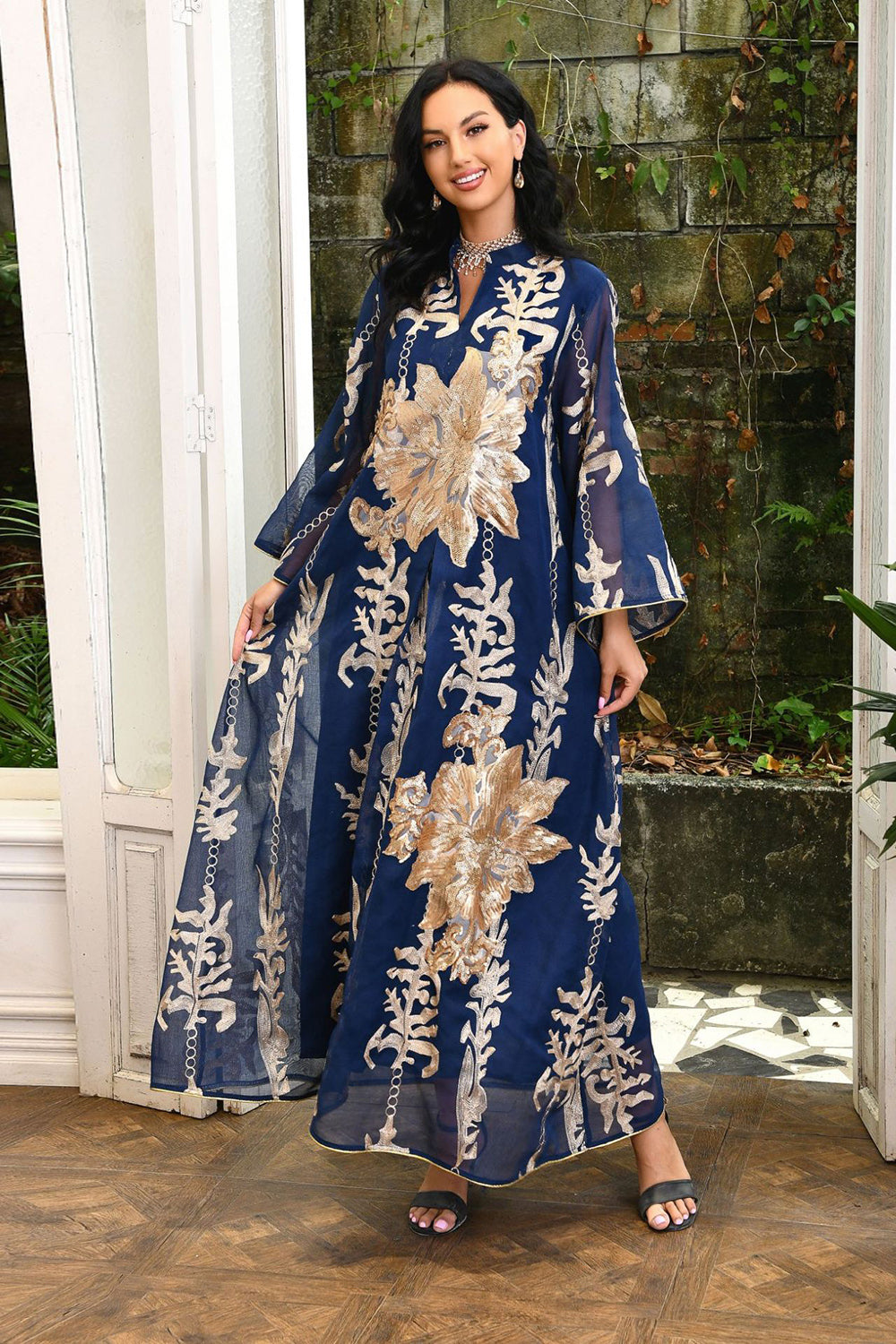 Broderie à paillettes Bleu Caftan Femmes Robe Arabe