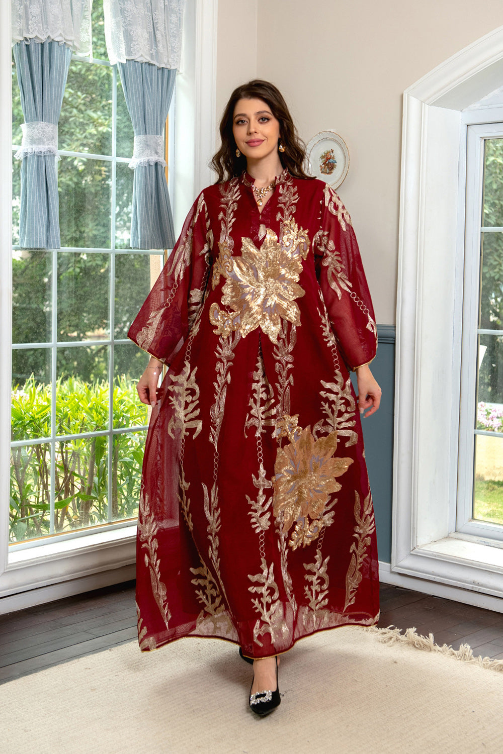 Broderie à paillettes Bleu Caftan Femmes Robe Arabe