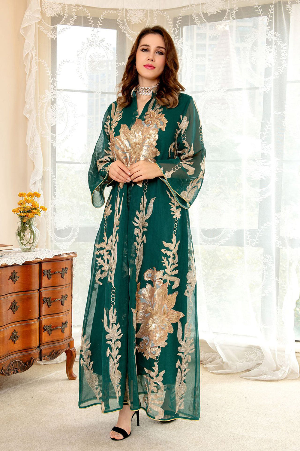 Broderie à paillettes Bleu Caftan Femmes Robe Arabe
