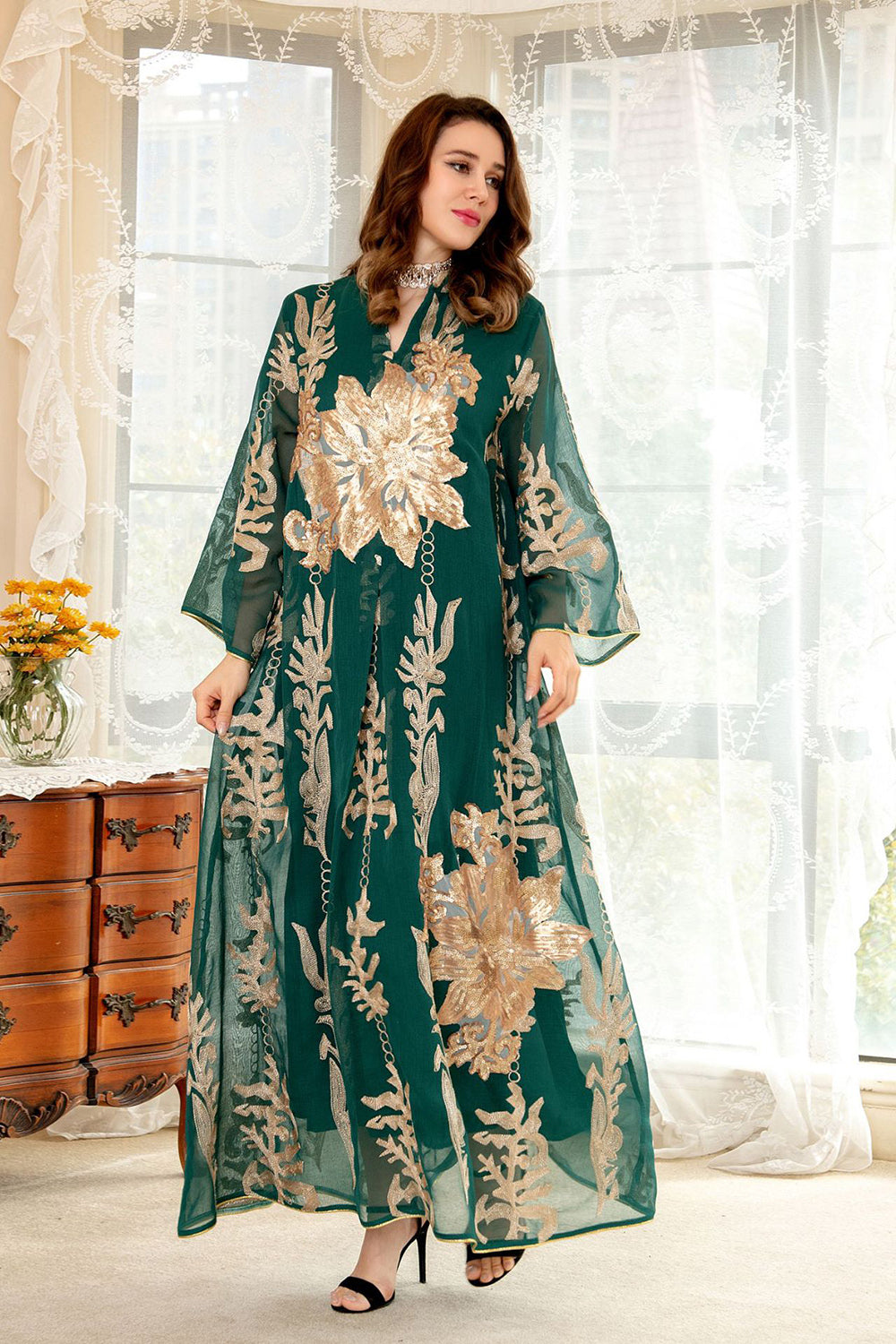 Broderie à paillettes Bleu Caftan Femmes Robe Arabe