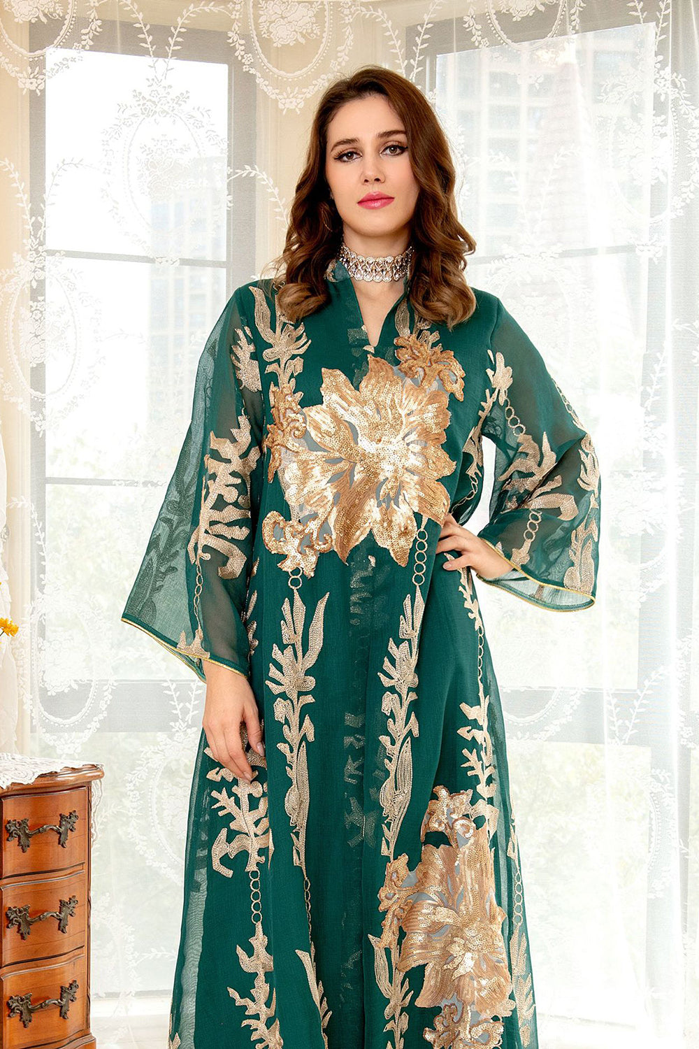Broderie à paillettes Bleu Caftan Femmes Robe Arabe