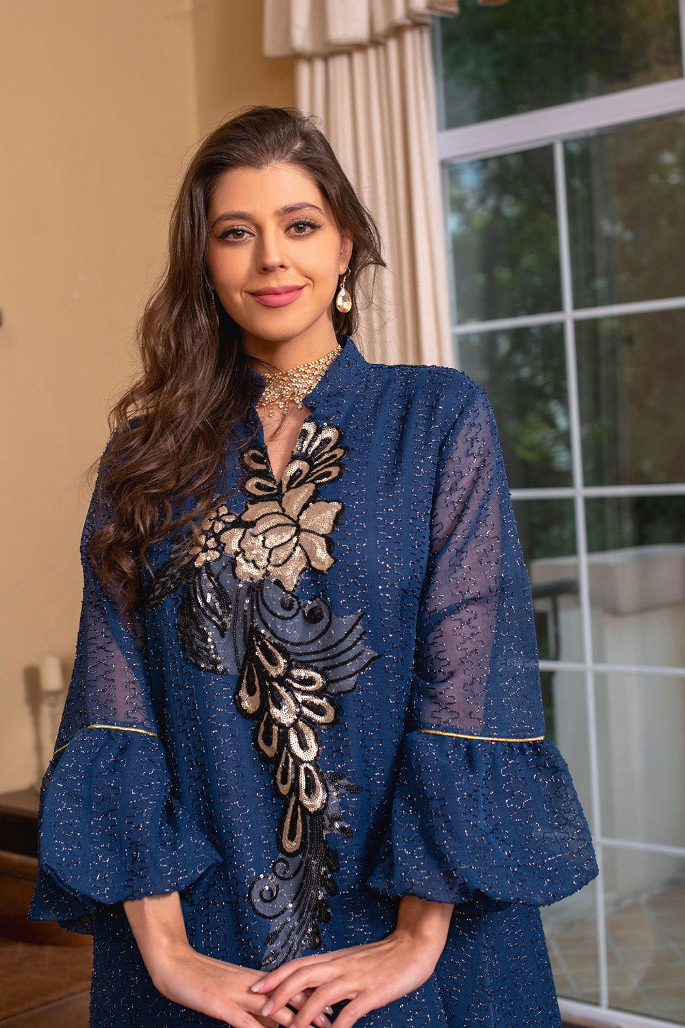 Élégante broderie vert clair Robe longue Abaya