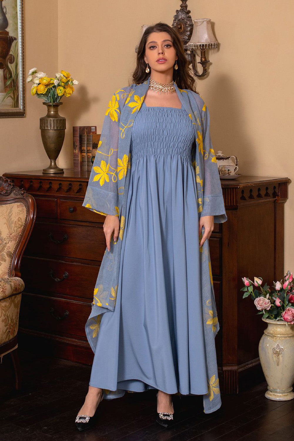 Bleu Abaya 2 pièces Set Robe de prière élégante