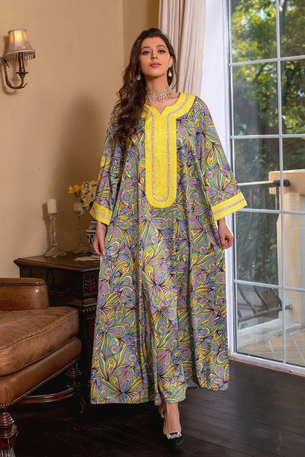 Robe marocaine marocaine à manches longues imprimée Abaya Muslim