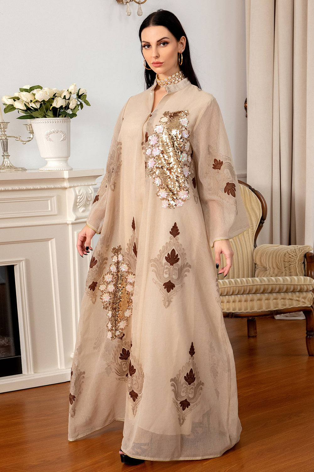 Paillettes Brodées Abayas Maxi Robes