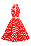 Hepburn Style Halter Neck Polka Dots Red 1950s Robe
