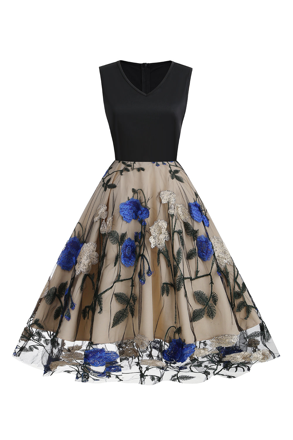 Robe Blue Swing des années 50 avec broderie