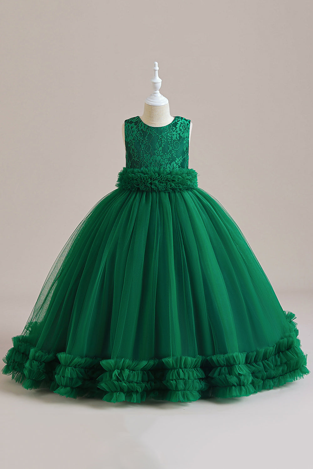 Tulle vert sans manches Une ligne robe fille avec dentelle