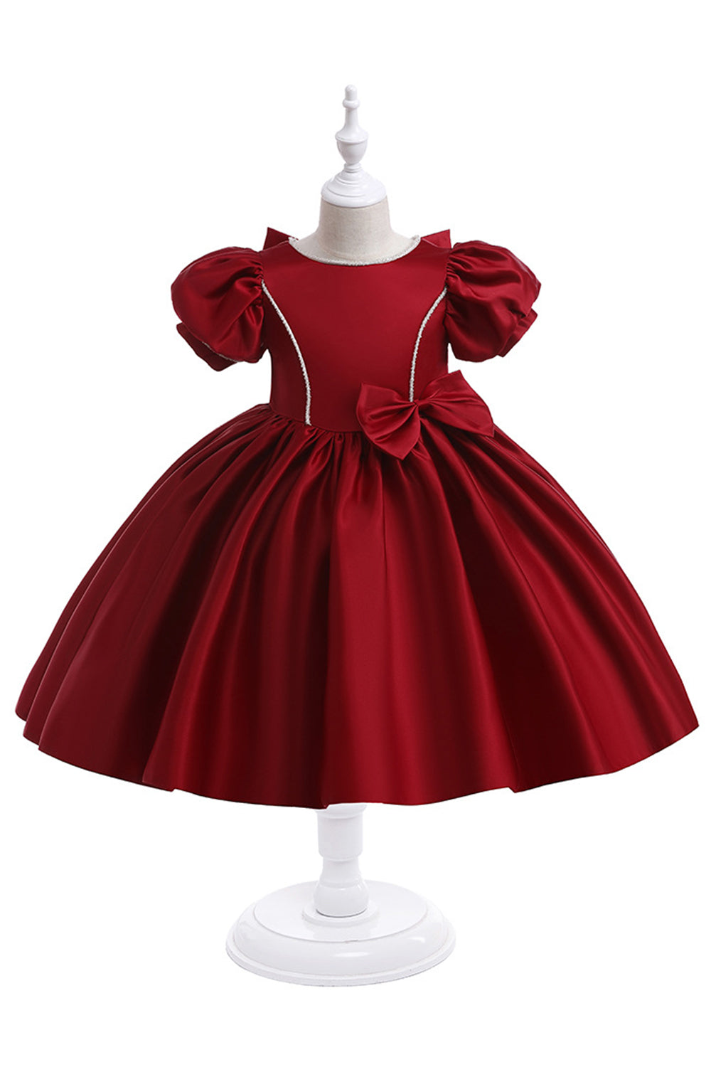 Robe de fille en satin bordeaux avec nœud