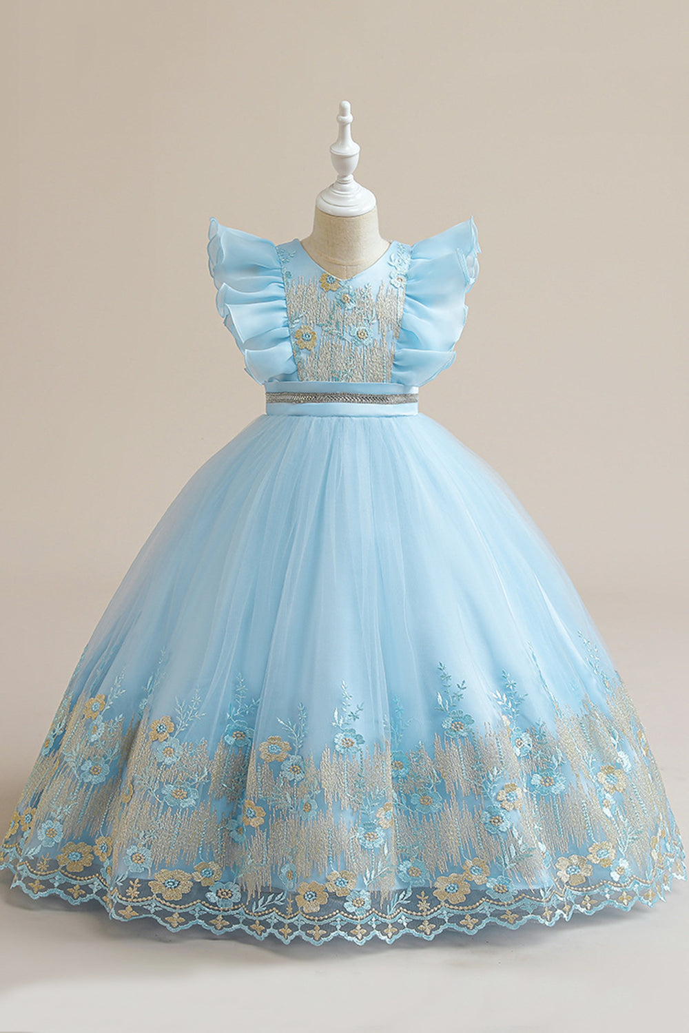 Robe de fille en tulle bleu A Line avec broderie