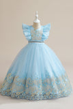 Robe de fille en tulle bleu A Line avec broderie