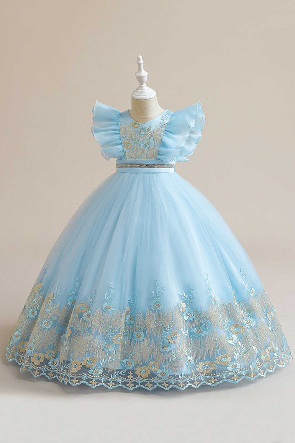 Robe de fille en tulle bleu A Line avec broderie