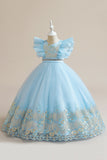 Robe de fille en tulle bleu A Line avec broderie