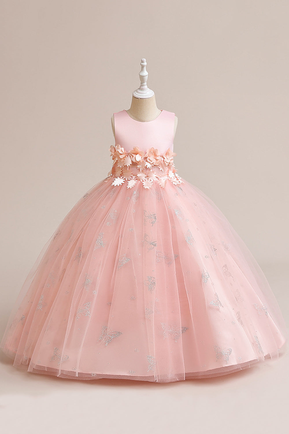 Robe fille sans manches en tulle rose avec appliques