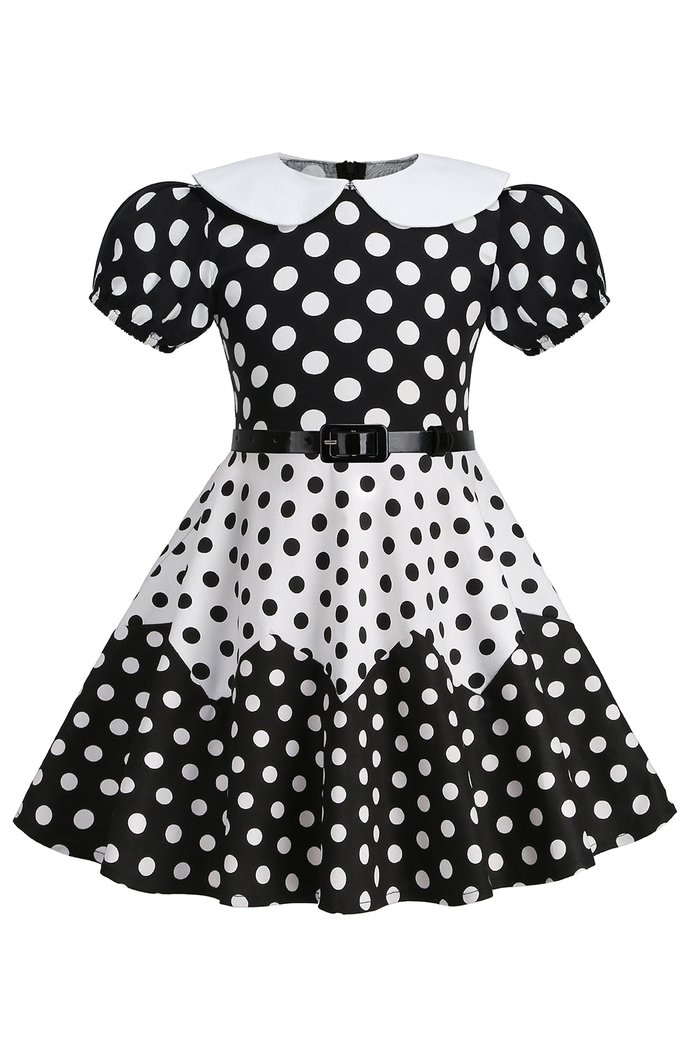 Robe Fille A Ligne Noire à Pois à Manches Bouffantes