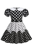 Robe Fille A Ligne Noire à Pois à Manches Bouffantes