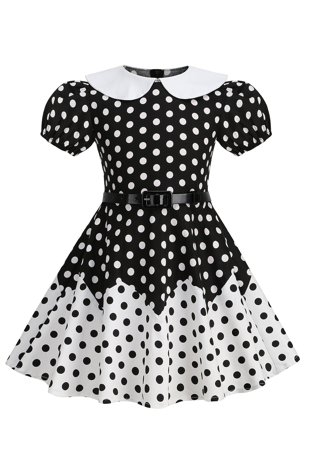 Robe Fille A Ligne Noire à Pois à Manches Bouffantes