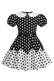 Robe Fille A Ligne Noire à Pois à Manches Bouffantes