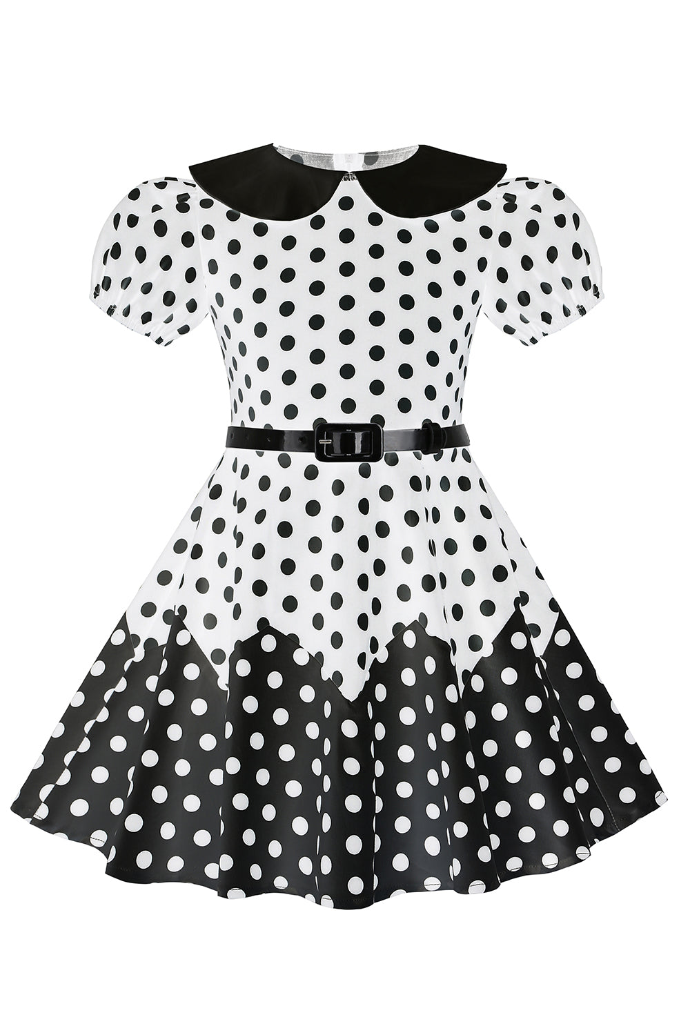 Robe Fille A Ligne Noire à Pois à Manches Bouffantes