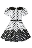 Robe Fille A Ligne Noire à Pois à Manches Bouffantes