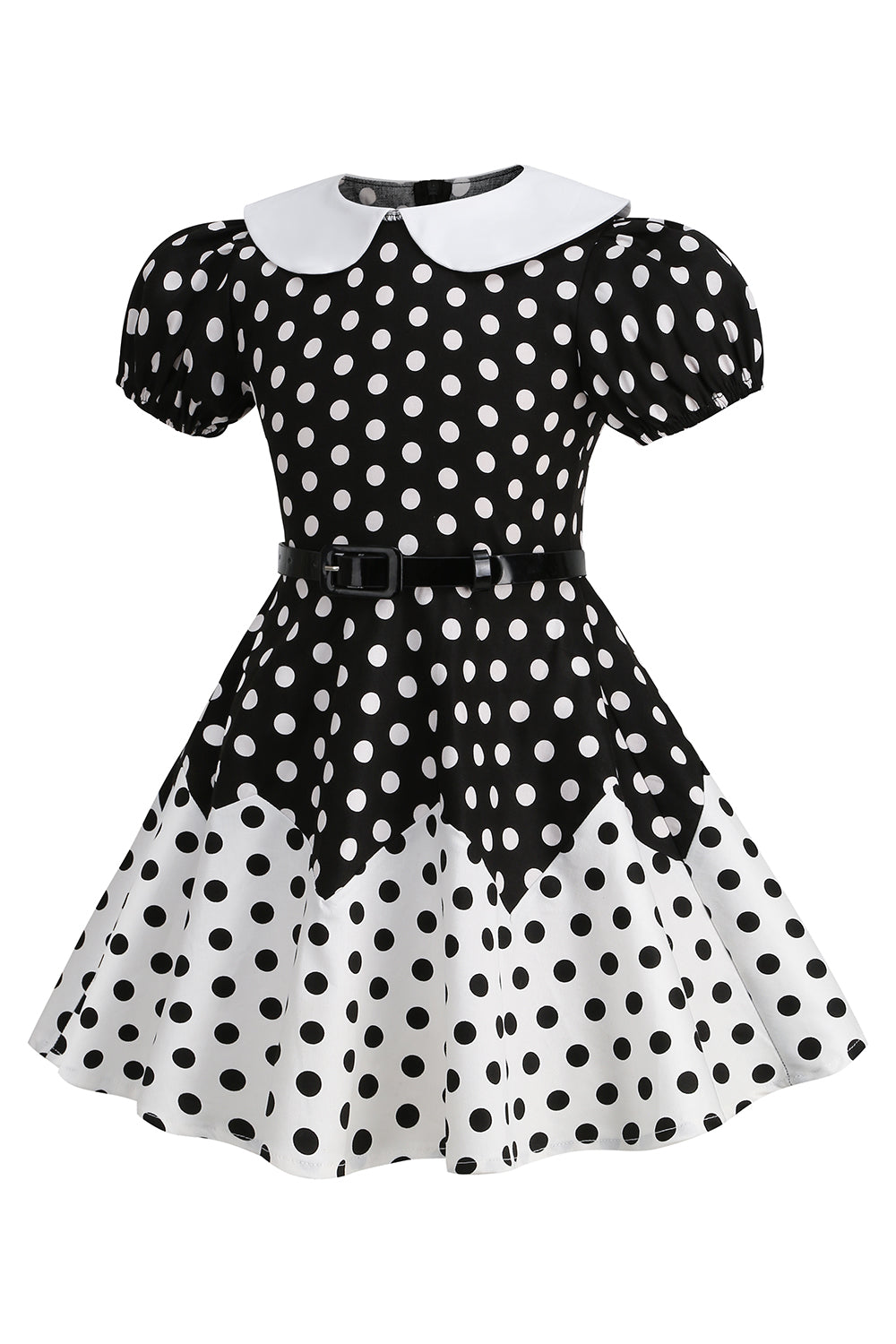Robe Fille A Ligne Noire à Pois à Manches Bouffantes