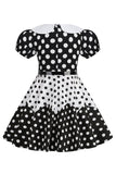 Robe Fille A Ligne Noire à Pois à Manches Bouffantes