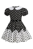 Robe Fille A Ligne Noire à Pois à Manches Bouffantes