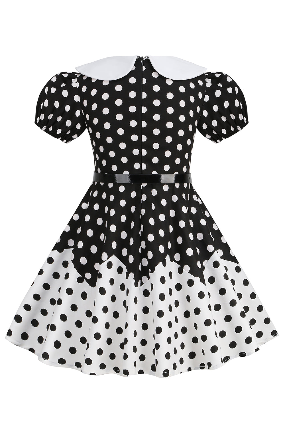 Robe Fille A Ligne Noire à Pois à Manches Bouffantes