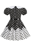 Robe Fille A Ligne Noire à Pois à Manches Bouffantes