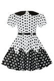 Robe Fille A Ligne Noire à Pois à Manches Bouffantes