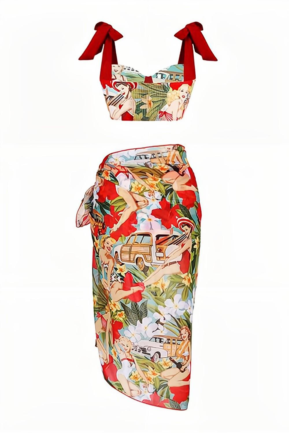 Ensemble de maillots de bain imprimés deux pièces avec robe de plage