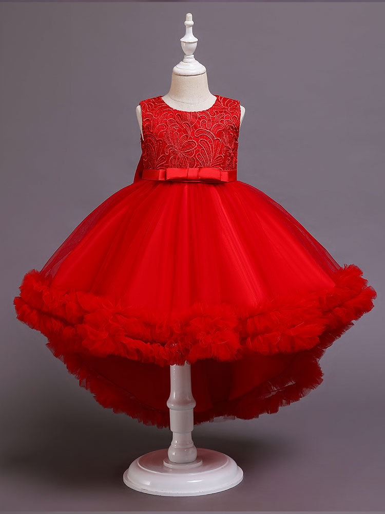 Fille de fleur blanche haute basse Robe avec nœud papillon