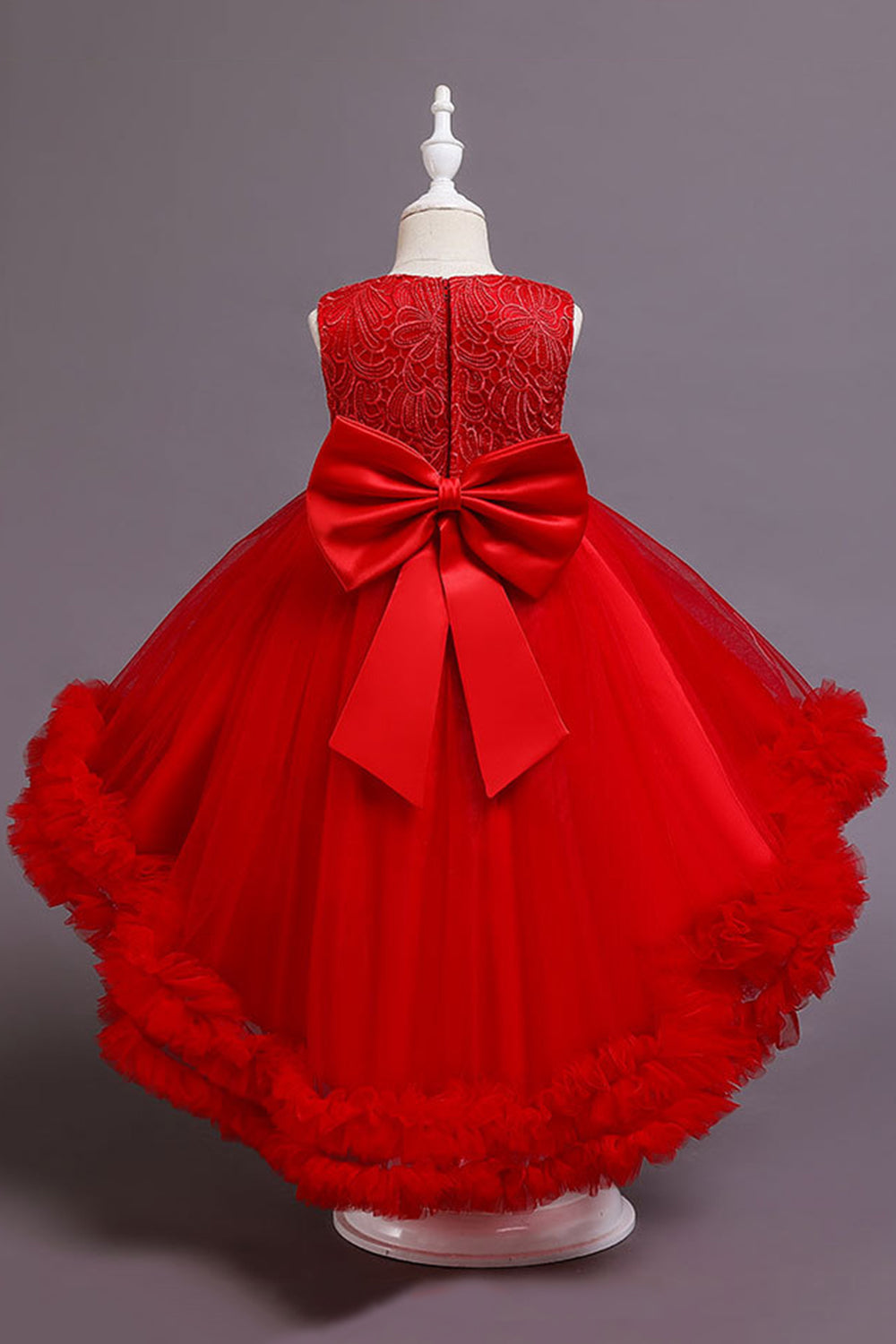 Fille de fleur blanche haute basse Robe avec nœud papillon