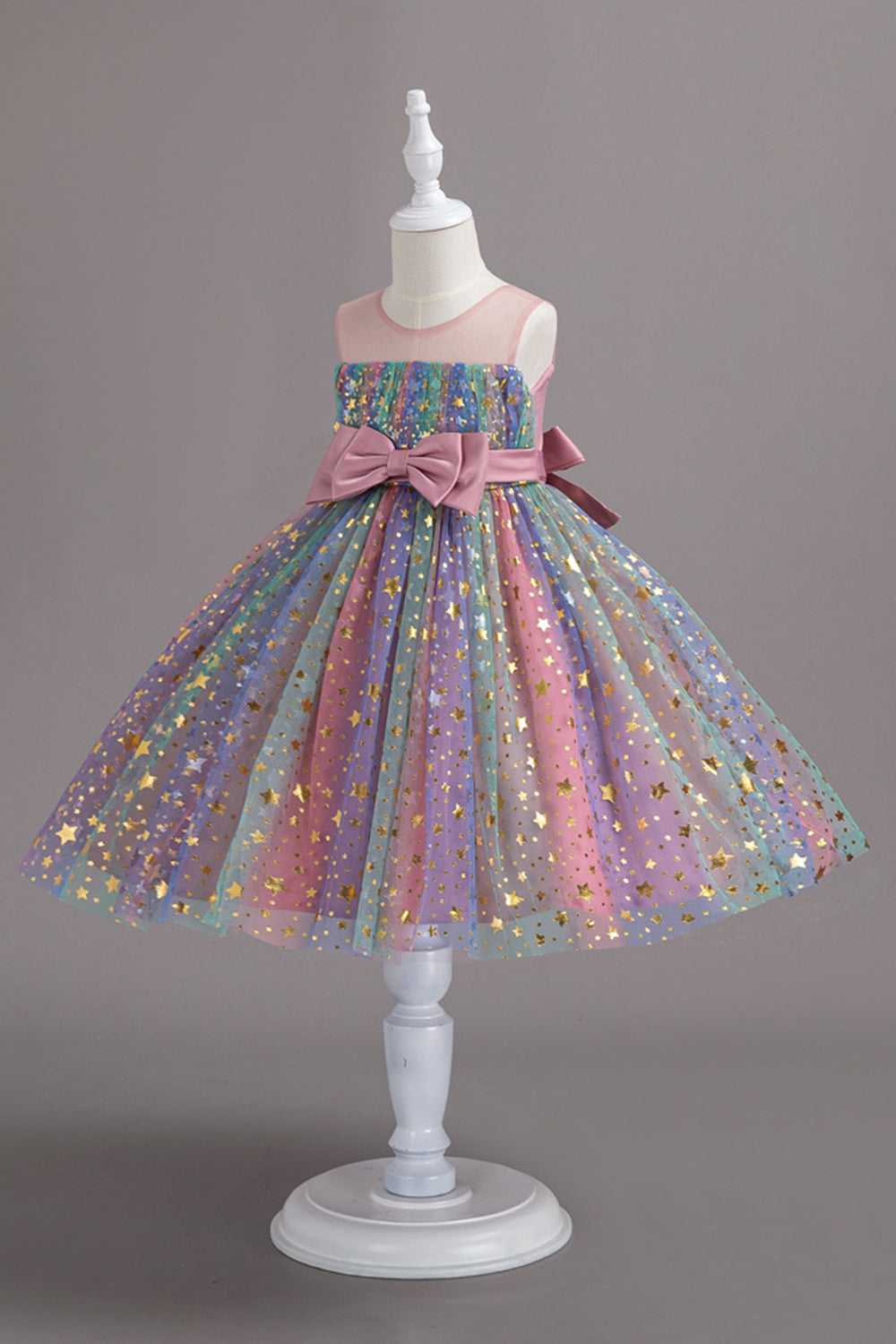 Une ligne Robe de soirée pour fille blush à col bijou avec nœud papillon