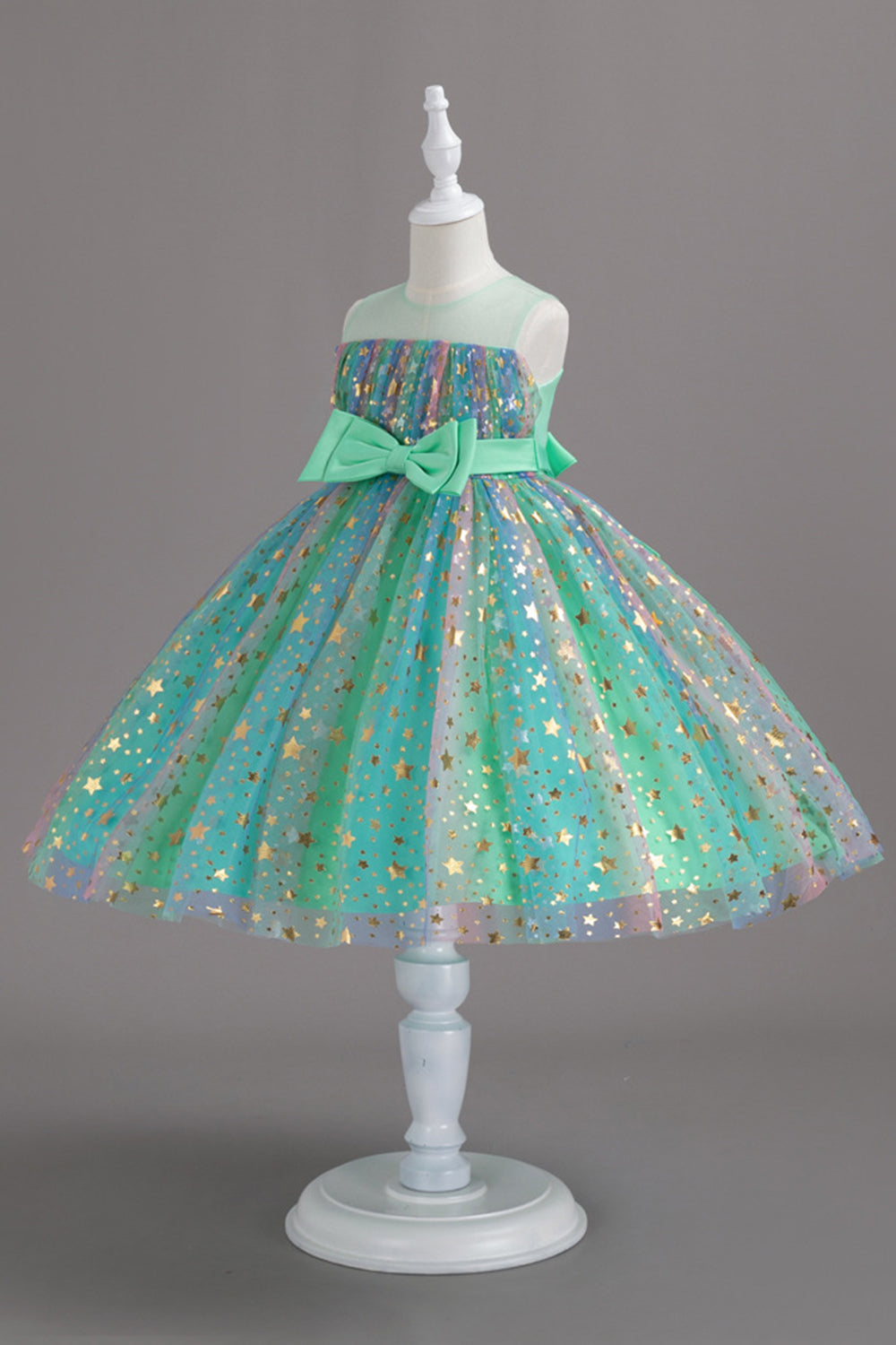 Une ligne Robe de soirée pour fille blush à col bijou avec nœud papillon