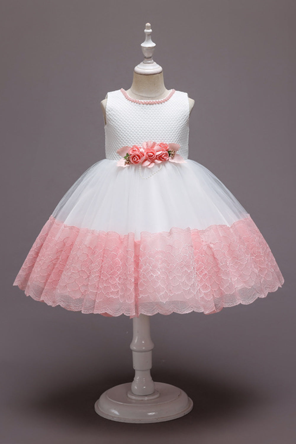 Robe de fille en tulle de fleurs rose sans manches avec nœud