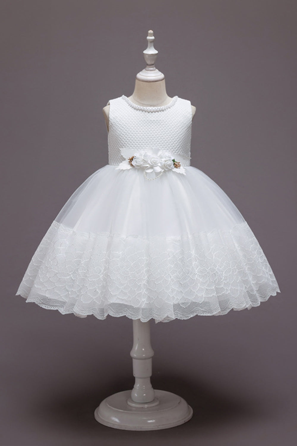 Robe de fille en tulle de fleurs rose sans manches avec nœud