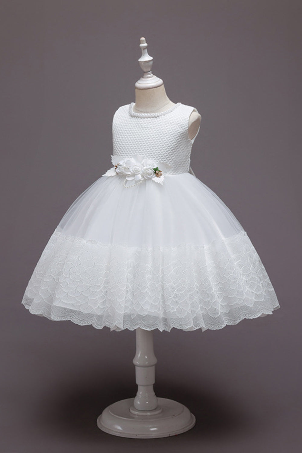 Robe de fille en tulle de fleurs rose sans manches avec nœud