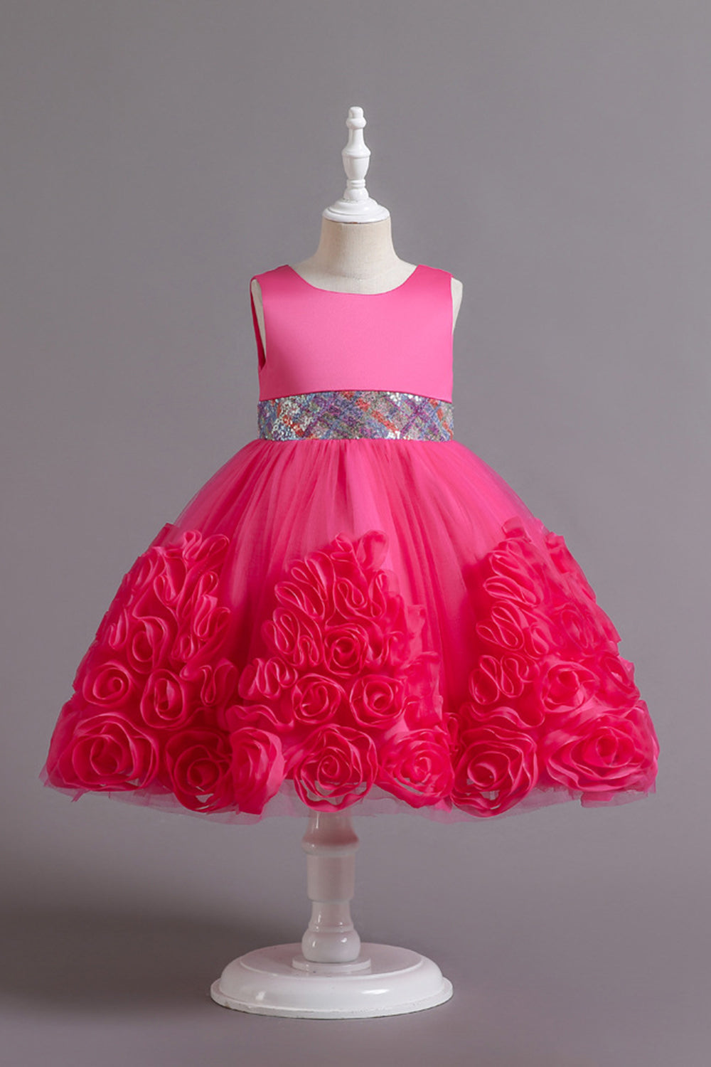 Fuchsia A Line Sequin Flower Girls' Party Dress avec nœud