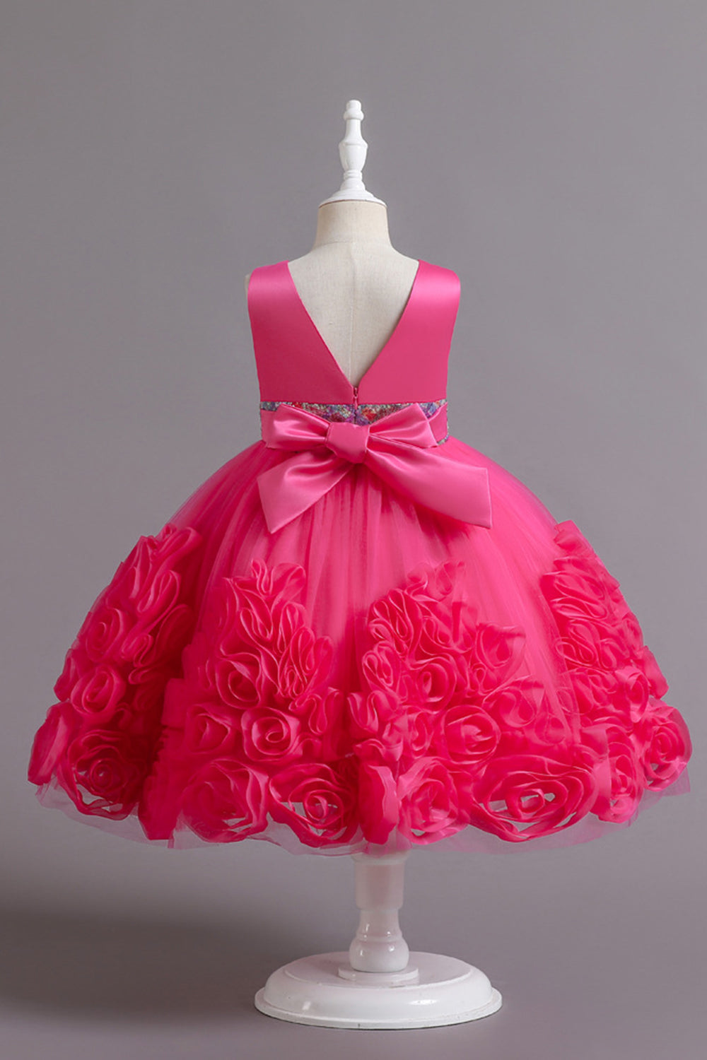 Fuchsia A Line Sequin Flower Girls' Party Dress avec nœud