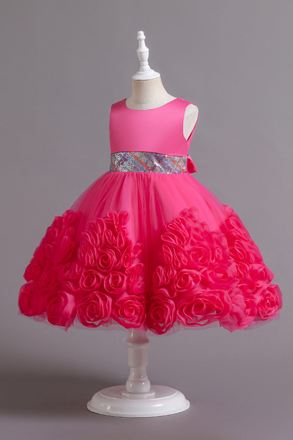 Fuchsia A Line Sequin Flower Girls' Party Dress avec nœud