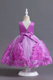 Fuchsia A Line Sequin Flower Girls' Party Dress avec nœud