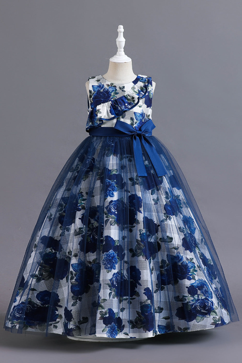 Robe longue de fille en tulle de fleur bleue avec volants