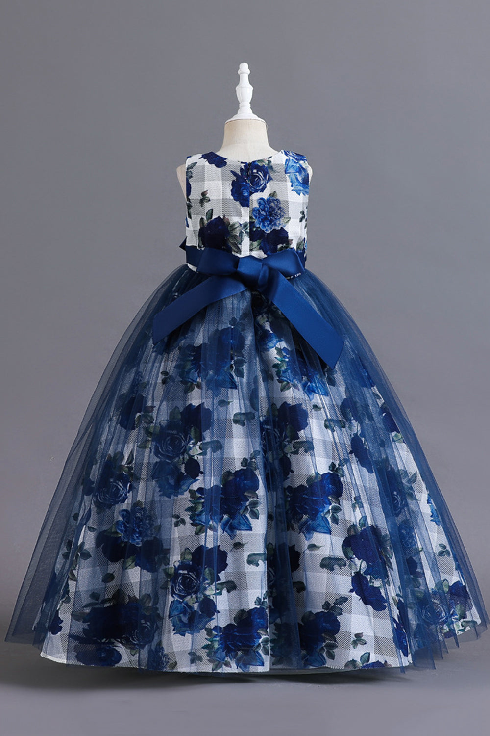 Robe longue de fille en tulle de fleur bleue avec volants