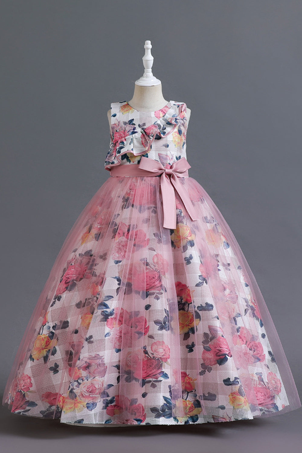 Robe longue de fille en tulle de fleur bleue avec volants