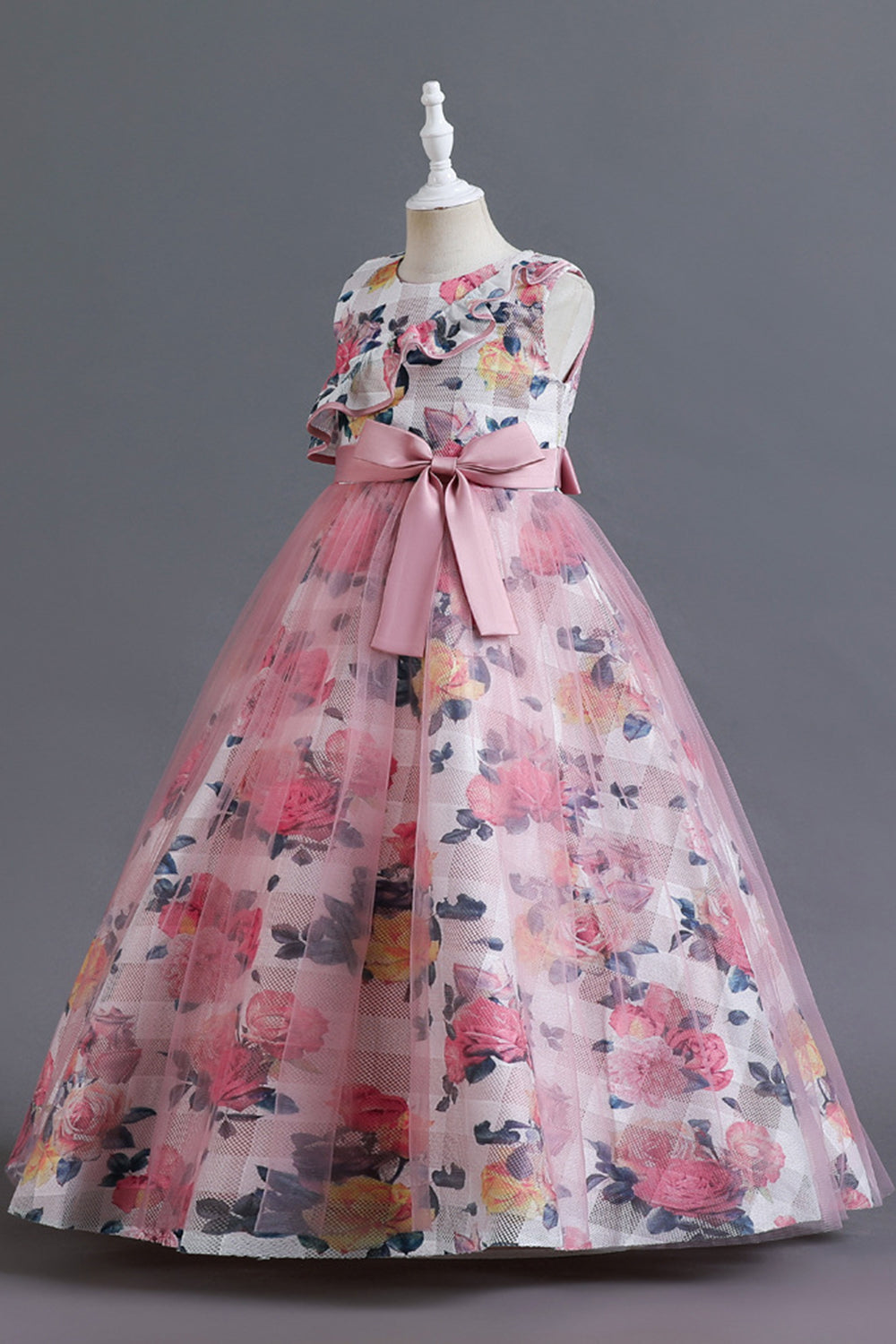 Robe longue de fille en tulle de fleur bleue avec volants