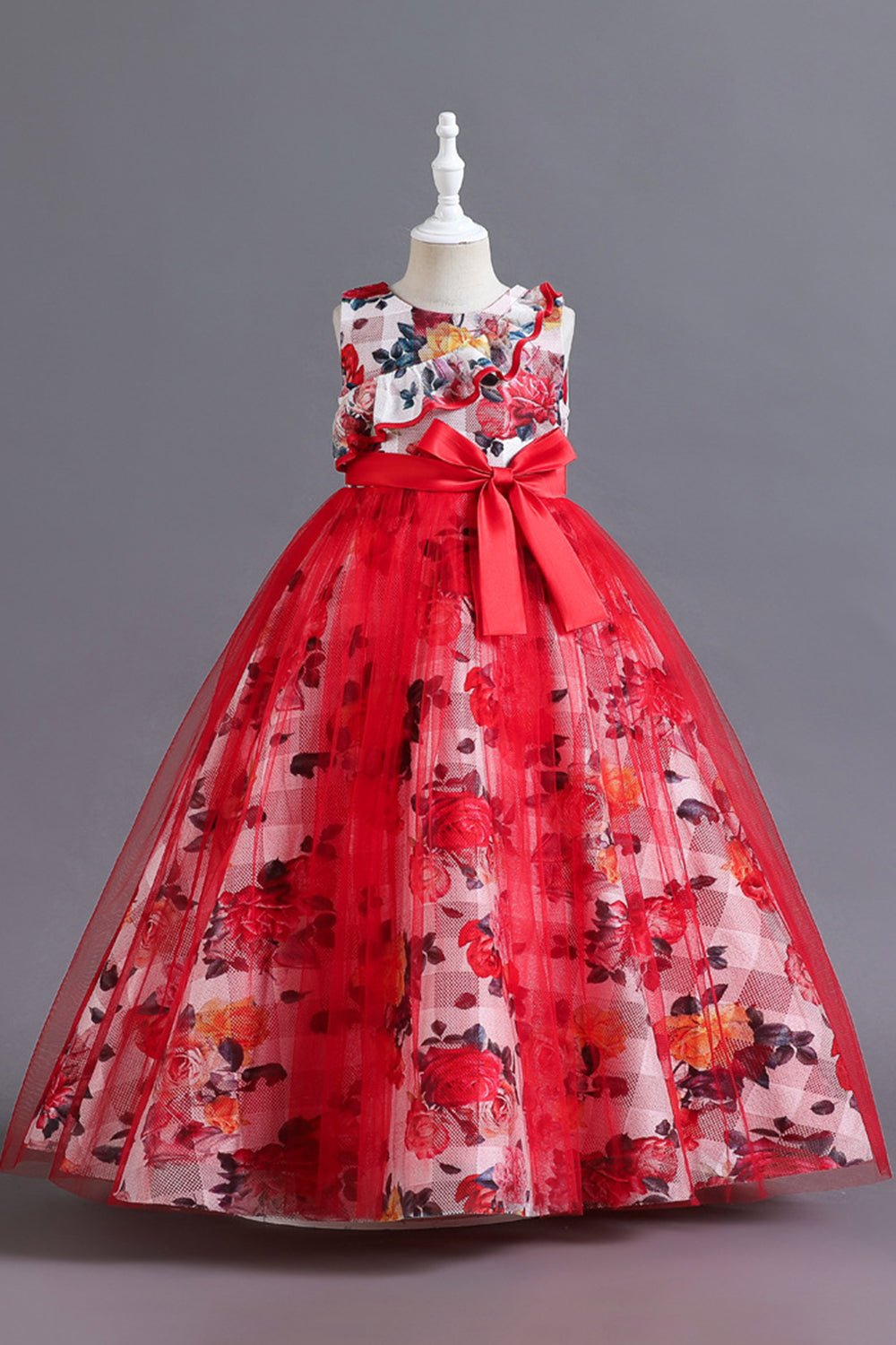 Robe longue de fille en tulle de fleur bleue avec volants